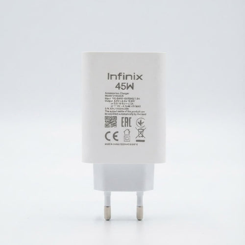 A white Infinix 45W wall charger adapter with two metal pins, shown from the back on a clean white background.