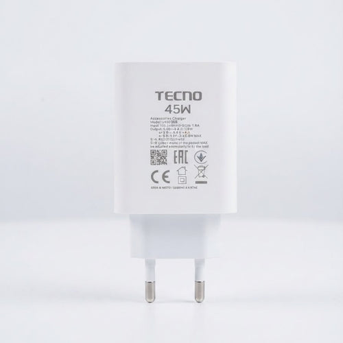 A white TECNO 45W wall charger with two silver metal prongs, shown from the back against a clean white background.